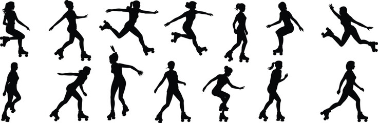 Young women roller skating outdoors, silhouettes of active girls on roller skates, fitness and fun, sports and recreation concept
