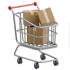 3D illustration of a shopping cart filled with cardboard boxes, concept of online shopping and delivery. © G_stockerthailand