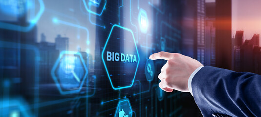 Businessman clicks Big data world and globe icon modern interface