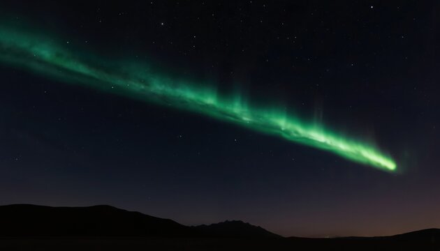 Green comet streaks across dark night sky filled with stars. Shimmering tail of bright green light trails behind. Celestial phenomenon visible over dark horizon. Deep space, cosmic event. - Powered by Adobe