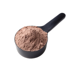 Chocolate protein powder in a black scoop isolated on transparent background