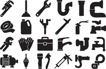 Fototapeta premium Plumber tool silhouettes including pipe wrench, basin wrench, plunger, water pump, flexible pipe, plumb bob, flashlight, toolbox, faucet, and fittings in minimalist black vector design