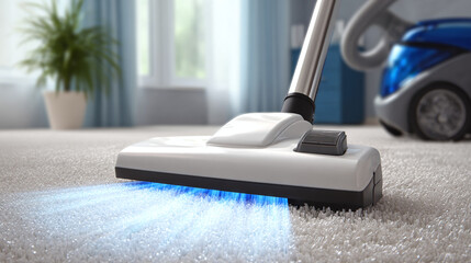 Vacuum cleaner cleans dirty carpet - house cleaning concept