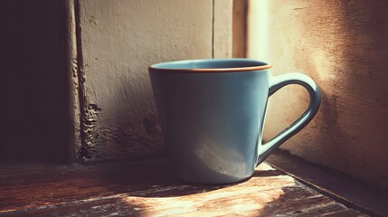 A light-blue ceramic mug sits on a weathered wooden surface by a window, bathed in warm sunlight.