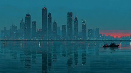 Fototapeta premium A tranquil city skyline reflects serenely on the still water, a tranquil scene at dawn.