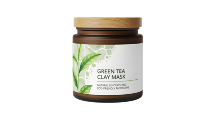 Green tea clay mask jar with eco-friendly label, isolated on white background