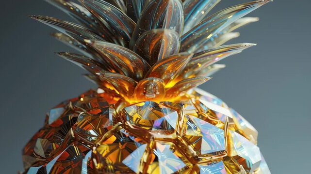 Supreme surreal close up of glowing glass pineapple with intricate reflections and warm amber light creating luxurious image