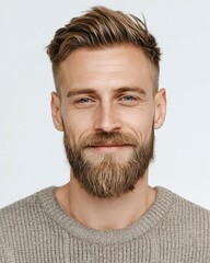 Obraz premium A handsome man with a beard, short hair cut, and a side-parted hairstyle is smiling and looking at the camera, isolated on a white background.