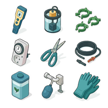 Icon pipe support switch nutrient plant grow scissors hydroponic mixer tools icons