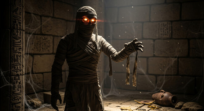 A mummy with glowing eyes stands in a tomb surrounded by gold coins and a broken vase in the dark