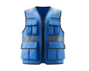 Blue safety vest with multiple pockets and reflective strips isolated on transparent background
