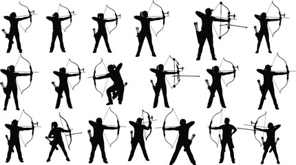 Obraz premium Archery silhouettes in varied standing, kneeling, and shooting poses, ideal for sports design, training materials, tournaments, and traditional hunting themes