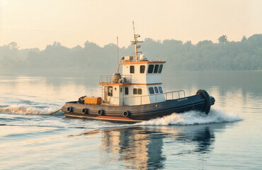 Tugboat navigating calm waters during sunrise in serene landscape