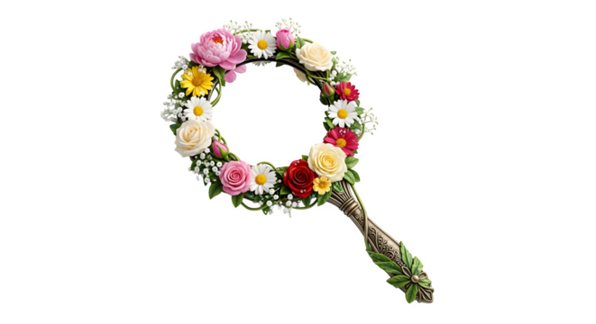 Handheld mirror with floral frame, isolated on white background