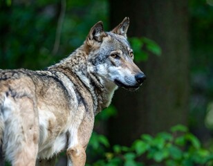 Obraz premium A gray wolf, seen from behind, stands alert in a forest setting