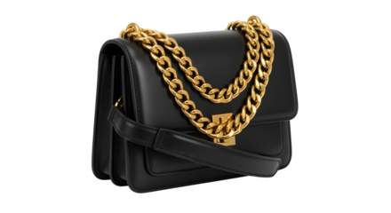 Leather crossbody bag with gold chain, isolated on white background