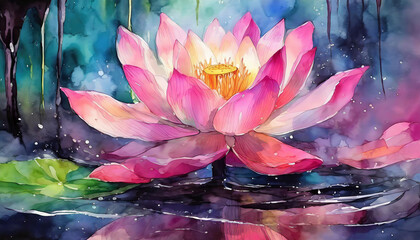 Elegant pink lotus flower watercolor reflecting in peaceful water garden