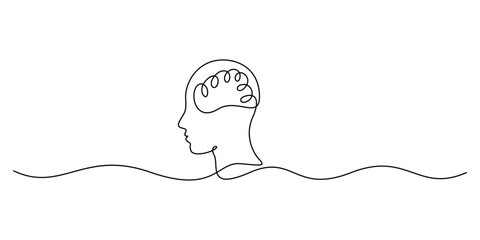 Human head with brain single line drawing. Thinking, creativity, concept vector illustration