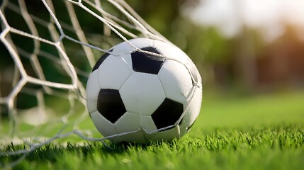 Fototapeta premium Soccer ball in net goal closeup football game sports equipment photo