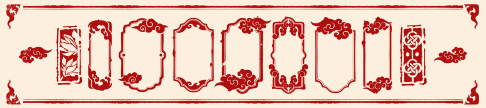 Chinese frame set, traditional oriental New Year border print, red holiday ink decoration stamp kit. Cloud and wave silhouette, vintage Japanese hand drawn ornament east festive graphic. Chinese frame