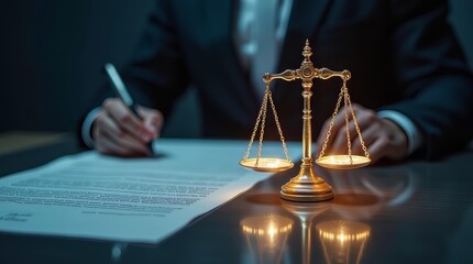 Abstract background of AI law system showing glowing scales and legal documents