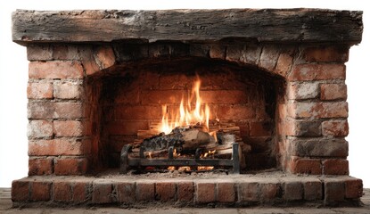 Rustic brick fireplace with a warm fire