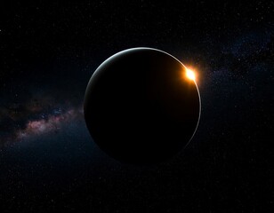Fototapeta premium Stunning sunrise behind a distant planet in deep space with the Milky Way