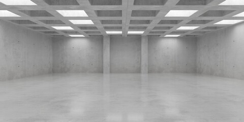 Abstract empty, modern concrete room with square ceiling beams grid with randomly inset lights, pillars and shiny floor - industrial interior background template