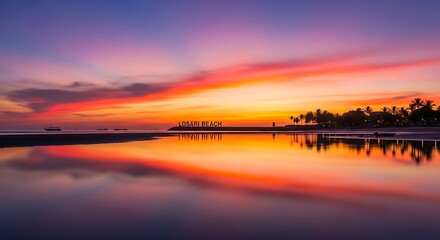 Naklejka premium Vibrant Sunset Reflection on Tropical Beach.