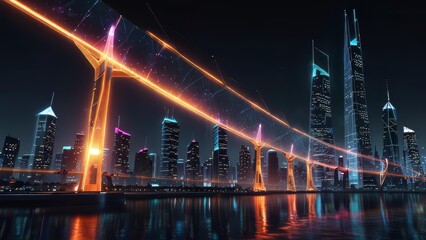 Glowing information bridge connecting two sides of digital city