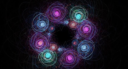 Abstract fractal art featuring a mesmerizing circular arrangement of glowing swirling nebulas in vibrant purple blue and green hues against a dark background