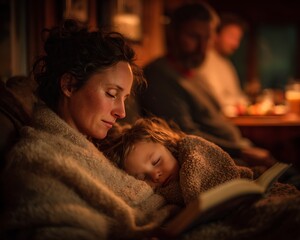 Mother reading to sleeping child cozy family time bedtime story image