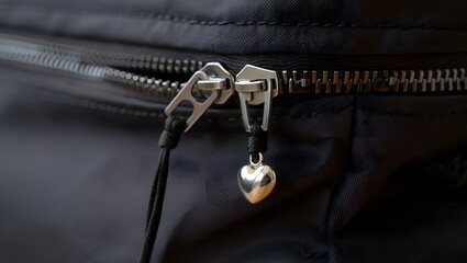 Close up of a black bag zipper with a golden heart charm