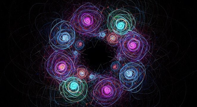 Fototapeta Abstract fractal art featuring a mesmerizing circular arrangement of glowing swirling nebulas in vibrant purple blue and green hues against a dark background
