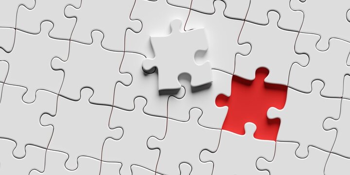 White jigsaw puzzle piece next to hole for the missing piece in white jigsaw puzzle pieces background, flat lay top view from above