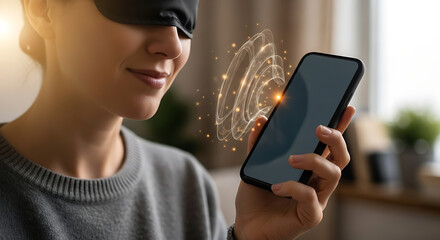 Woman with sleep mask using a smartphone, abstract digital overlay on screen.