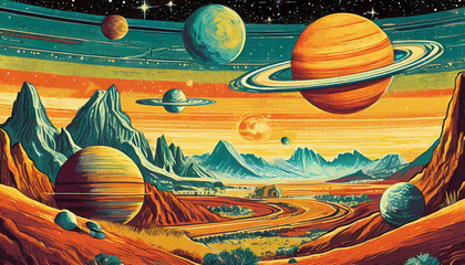 Brave astronaut exploring new planet landscape with majestic Saturn view