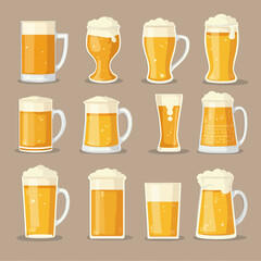 A collection of twelve illustrated beer mugs and glasses, showcasing various shapes and sizes filled with frothy golden beer.