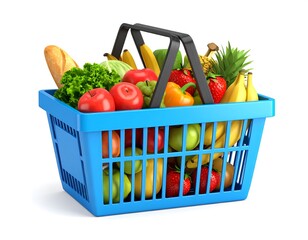 Vibrant blue shopping basket overflowing with a colorful assortment of fresh produce and groceries