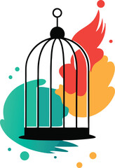 Abstract Birdcage Illustration with Colorful Splashes Symbolizing Freedom Creativity and Artistic Expression on a Clean White Background