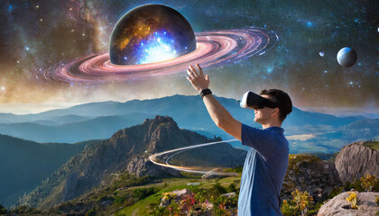 Man exploring virtual reality with stunning planets in mountain landscape