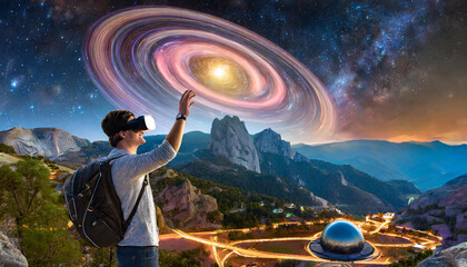 Man exploring virtual reality with stunning planets in mountain landscape