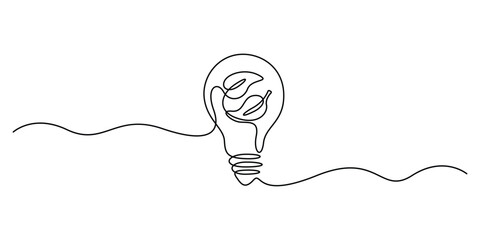 Plant inside lightbulb in one continuous line drawing. Creative concept of Green energy and environmental friendly sources. Doodle vector illustration