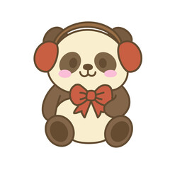 Cute kawaii panda bear with earmuffs and Christmas bow