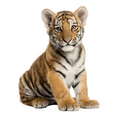 Fototapeta premium Cute tiger cub sitting and looking at the camera, isolated on transparent background