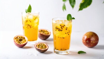 Refreshing Passion Fruit Cocktail with Mint Garnish Served in Elegant Glasses on a Vibrant Tabletop