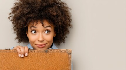 A cheerful woman with curly hair peeks over a vintage suitcase, suggesting excitement or anticipation for a journey or adventure, Business banner with a blank space for text