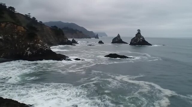 Dramatic Aerial Flight Over a Wild Winter Coastline with Crashing Waves and Sea Stacks