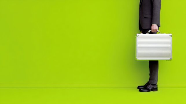 A businessman stands against a vibrant green wall, holding a silver briefcase, embodying themes of professionalism and modernity, Business banner with a blank space for text - Powered by Adobe