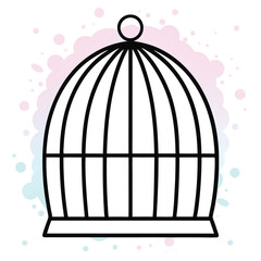 Minimalist Birdcage Illustration with Pastel Watercolor Splatter Background Perfect for Nursery Decor or Children s Book Illustrations and Graphic Design Projects